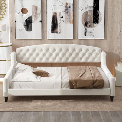 Merax Full Size Day Bed, Solid Wood Daybed, Slat Support Couch & Sleeper Sofa, Tufted Button Bedframe for Bedroom Living Room, Beige