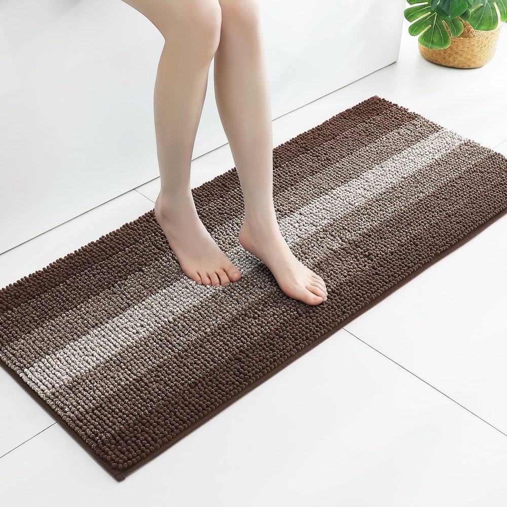 Gibelle Long Bathroom Rugs, Luxury Chenille Bath Mat, Small Non Slip Shower Rug and Bath Room Floor Mats, Machine Washable, Quick Dry Bathmat, Soft Cozy Plush Rug for Tub, 20" x 47", Brown