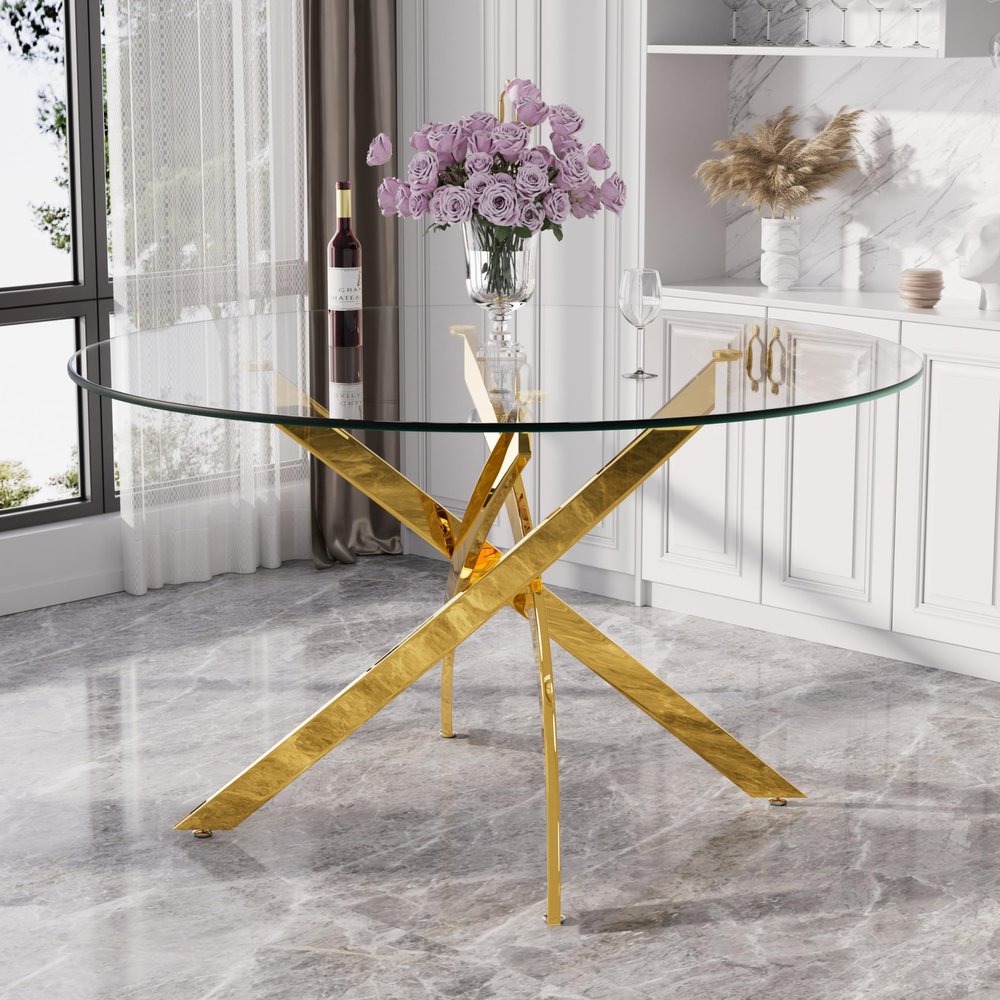 VAKTULS 47" Modern Minimalist Round Glass Dining Table,4-Person Luxury Table with Tempered Glass Top & Adjustable Chrome Legs for Dining Room, Kitchen & Living Room(Gold)