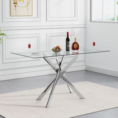 Binrrio 51" Rectangular Glass Dining Table Modern Kitchen Glass Top Table for 4 with Silver Metal Legs, Clear Dining Table Kitchen Table for Home Office Dining Room