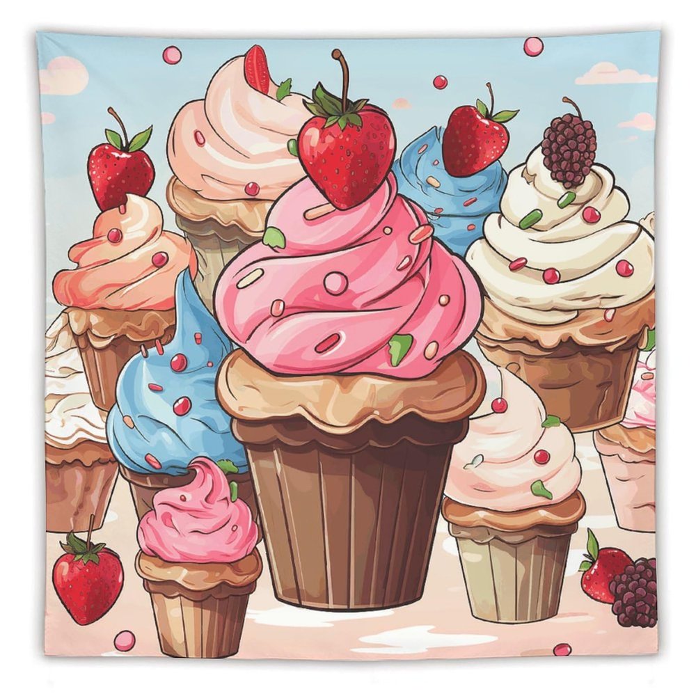 GFLFMXZW Tapestry Wall Tapestry Wall Hanging Aesthetic Tapestry Wall Art Decor Cupcakes And Ice Cream Wall Hanging Tapestry for Bedroom Living Room Dorm 60"x60"
