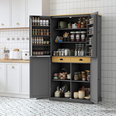 71.3inch Farmhouse Kitchen Pantry, Freestanding Large Cupboard Storage Cabinet with 2 Drawers and 2 Adjustable Shelves, Wood Storage Cabinet with 8 Door Shelves for Kitchen, Dining Room (Gray-2)