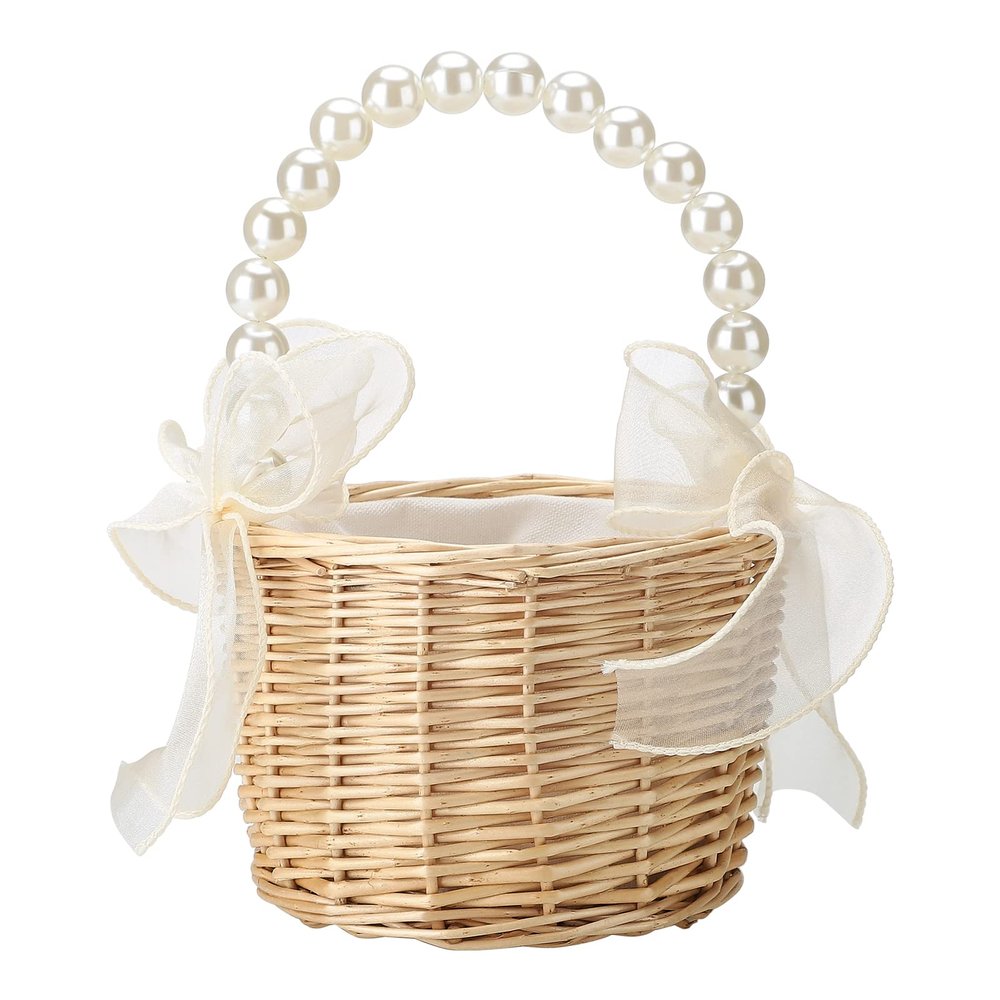 Wicker Rattan Flower Girl Basket, Wedding Petal Basket, Flower Girl Basket with Pearl Handle, Bow Fairy Flower Basket, Bowknot Flower Baskets for Wedding Home Decor(1PCS L)