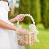Wicker Rattan Flower Girl Basket, Wedding Petal Basket, Flower Girl Basket with Pearl Handle, Bow Fairy Flower Basket, Bowknot Flower Baskets for Wedding Home Decor(1PCS L) view 4