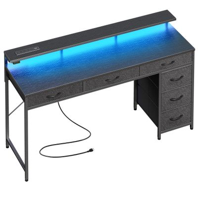 Huuger Gaming Desk with 6 Drawers, Computer Desk with LED Lights Power Outlets and Type-C, 55 Inch Office Desk with Storage, Monitor Stand, Writing Desk Work Desk Home Office, Bedroom, Study, Black