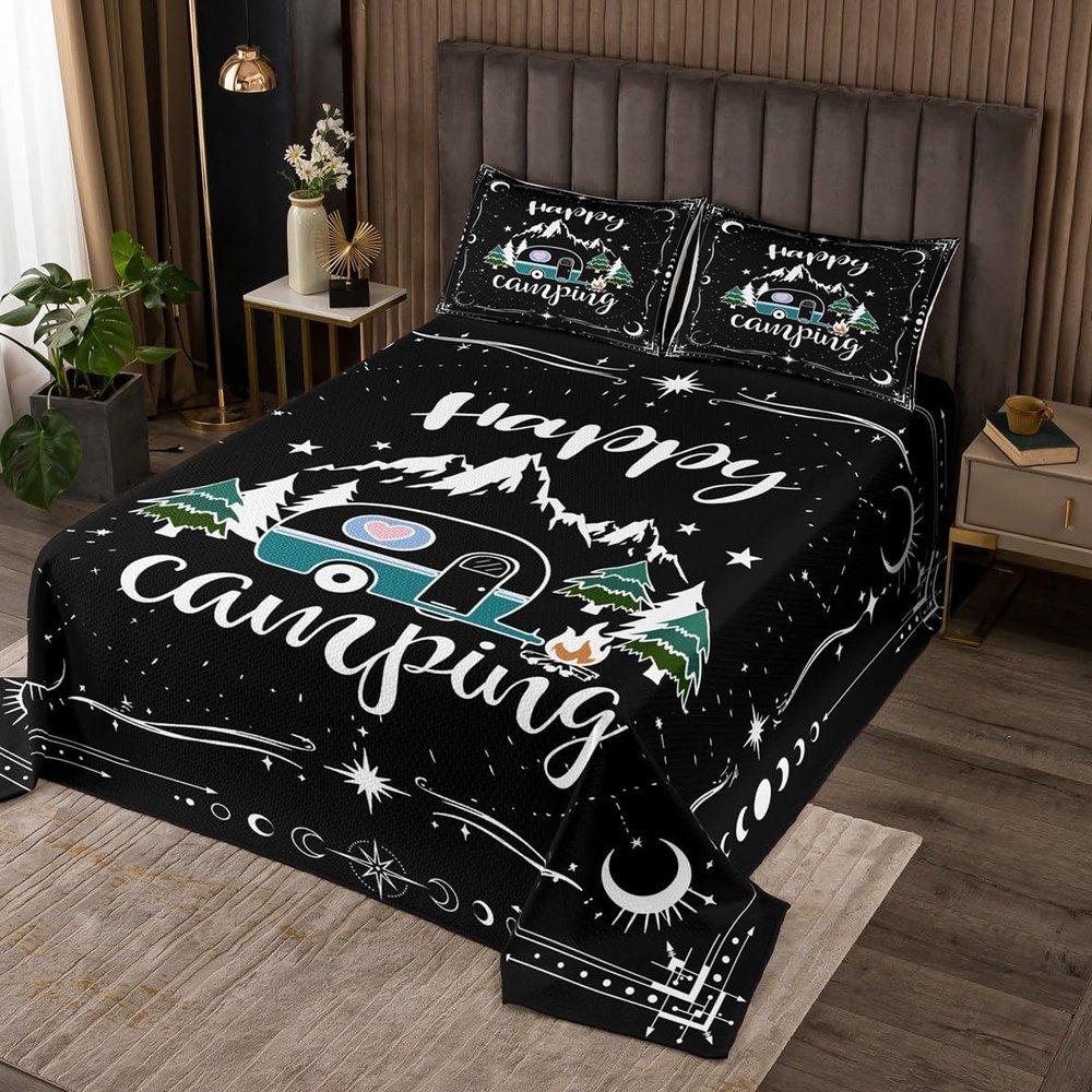 Erosebridal Happy Camping Coverlet King Size RV Camper Bedding Set, Psychedelic Galaxy Bedspread Set Rustic Farmhouse Quilt Set, Travel Trailer Car Bed Set Black Camper Accessories