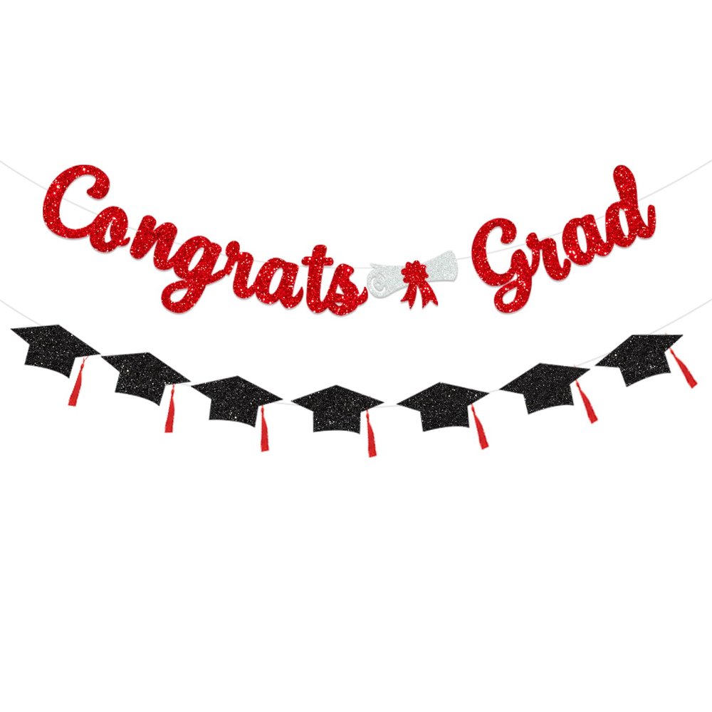 FHGG Glitter Red Congratulations Decorations Congrats Grad Banner Graduation Class of 2026 Graduation with Tassel Party Decor College High School Party Favors
