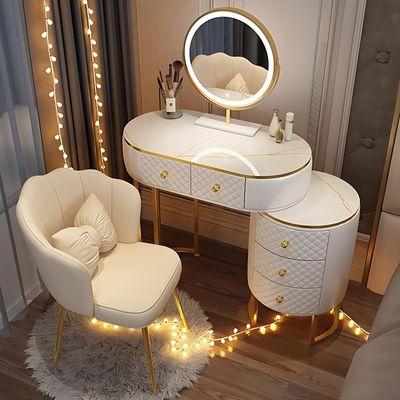 LPP-AWH Vanity Desk - White Makeup Vanity with Smart LED Mirror and Chair, Luxury Leather Wrapped Makeup Table Include Side Cabinet & 5 Drawers for Bedroom (31.5'')