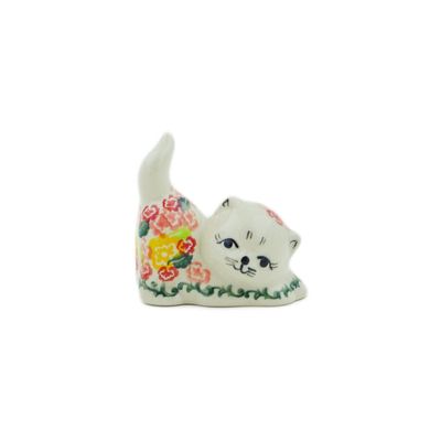 Polmedia Polish Pottery Cat Figurine - Starburst Blooms Pattern Handmade in Boleslawiec Poland by Ceramika Bona + Certificate of Authenticity