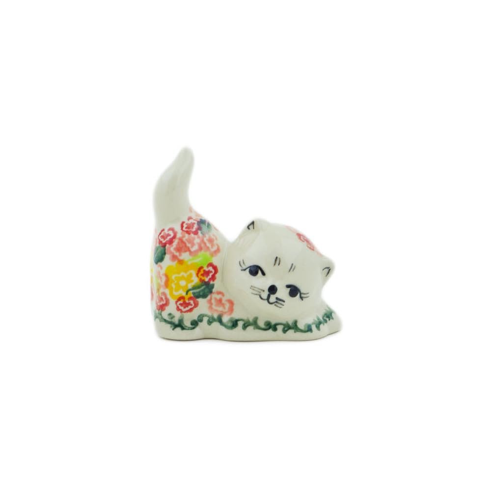 Polmedia Polish Pottery Cat Figurine - Starburst Blooms Pattern Handmade in Boleslawiec Poland by Ceramika Bona + Certificate of Authenticity