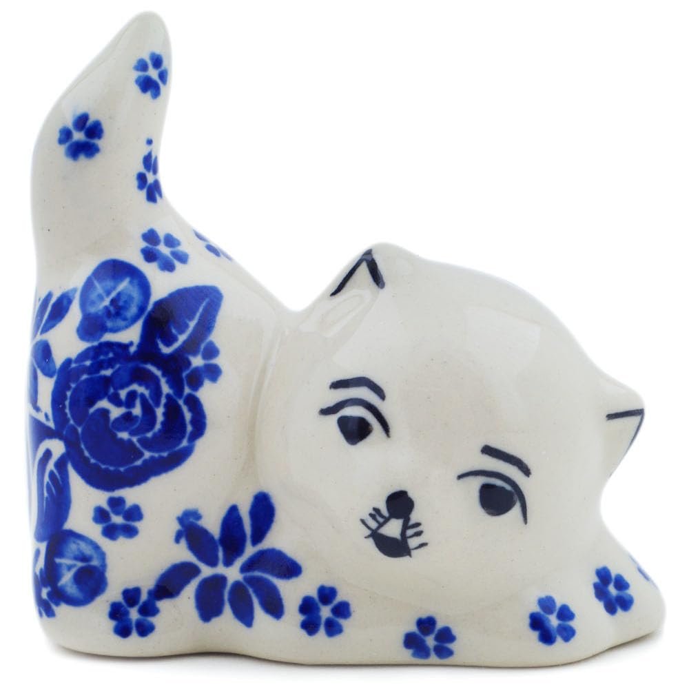 Polmedia Polish Pottery Cat Figurine - Cobalt Dreams Pattern Handmade in Boleslawiec Poland by Ceramika Bona + Certificate of Authenticity