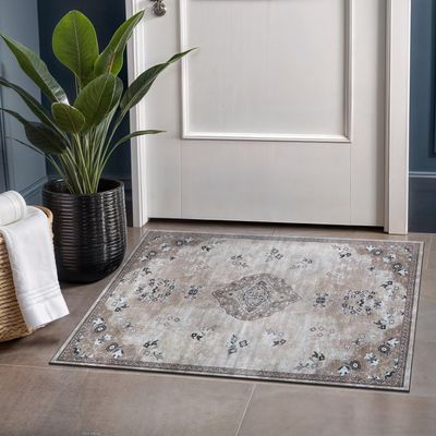 Beverly Rug Non Slip Rugs 2x3 Boho Medallion Floral Non Skid Rubber Backing Easy Silk Soft Entryway Rug for Living Room Easy to Clean Non Shedding Kitchen Bedroom Indoor Carpet (2 x 3 Beige - Brown)