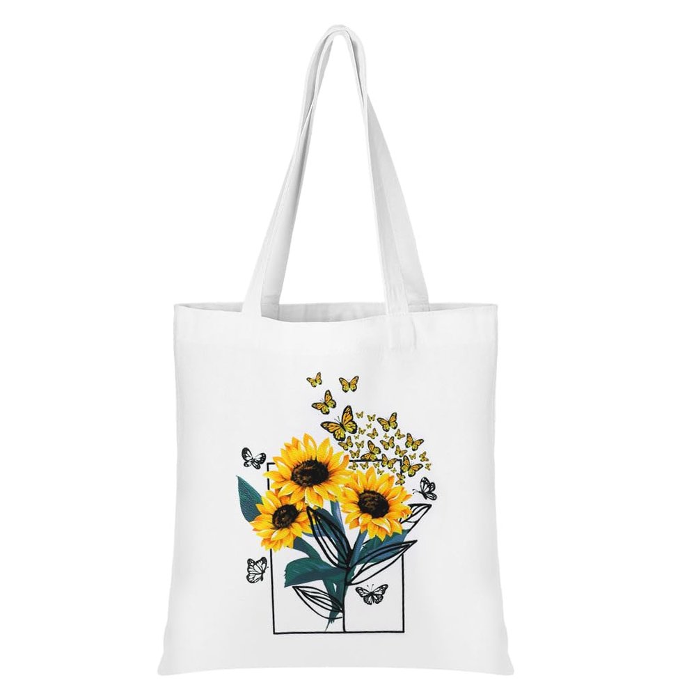 Oyachic Canvas Tote Bag with Inner Pocket & Zipper Aesthetic Sunflower Butterfly Tote Bag for Women Reusable Shopping Bag for Grocery Beach Travel Pouch