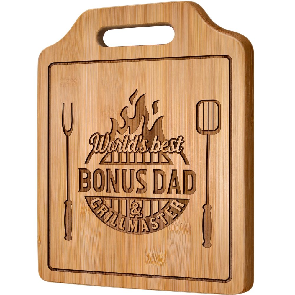 AceThrills Bonus Dad Gifts, Bonus Dad Christmas Gift for Birthday, Fathers Day - Engraved Bamboo Cutting Board 12.3"L x 8.7"W x 0.4"Th