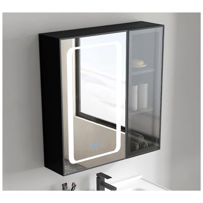Black Smart Bathroom Medicine Cabinet with LED Light, Defog Button and Transparent Side Storage, Simple Small Bathroom Mirror Cabinet, Aluminum Over The Toilet Storage Cabinet (Size : 60x65x12cm) (O