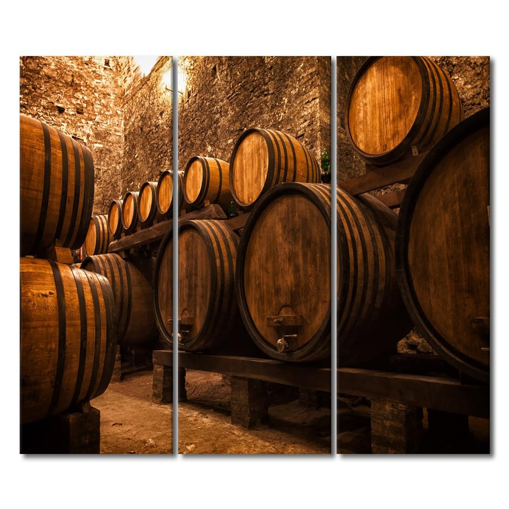 3 Panel Large Wall Art Cellar with Barrels for Storage of Wine, Italy Picture Poster for Home Office Wall Decorations, Stretched Framed Gallery-Wrapped Ready to Hang, 60" Wx40 H