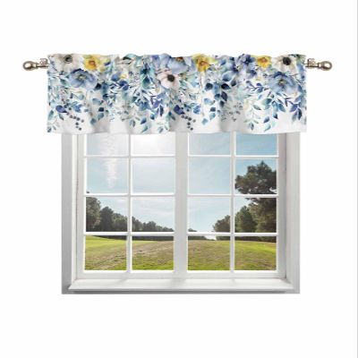 Spring Summer Curtain Valances for Windows Rod Pocket Decorative Window Treatments Pastoral Style Plants Eucalyptus Leaves Flowers Blue Valance Curtains Kitchen Valances for Living Room 54"x18"