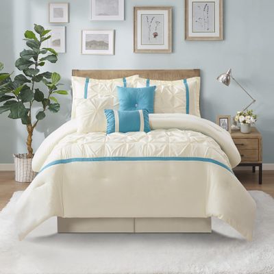 Stratford Park Beige Blue Comforter Set Queen Size, 7 Piece, Microfiber Technique, All Season Bedding Set, Home Decor, Matching Pillows & Shams, Bedskirt