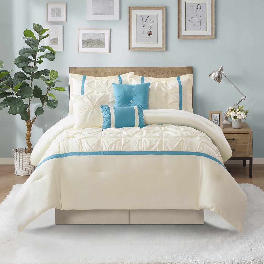 Stratford Park Beige Blue Comforter Set Queen Size, 7 Piece, Microfiber Technique, All Season Bedding Set, Home Decor, Matching Pillows & Shams, Bedskirt