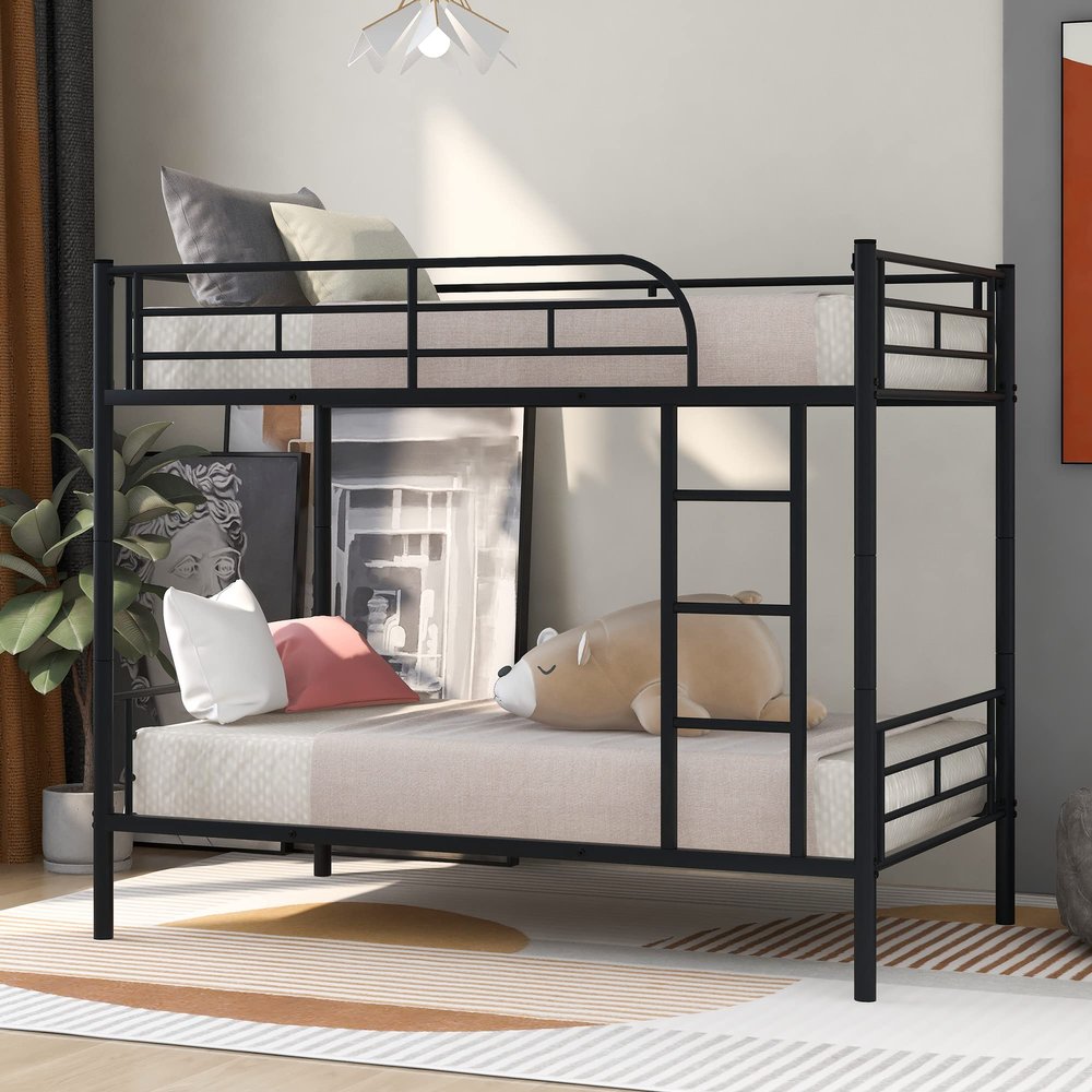 Bunk Bed with Ladder and high Guardrail, Able to Split, Metal Bunk Bed, Storage Space, Noise Free,Twin Over Twin Size Bunk Bed,Black