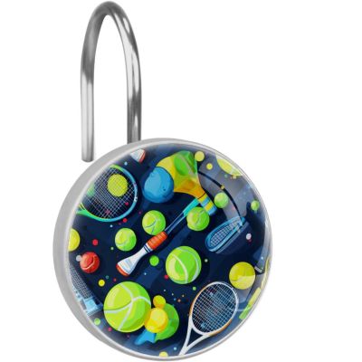 asebiunh Shower Curtain Hooks, Tennis Ball Pattern Shower Curtain Rings Stainless Steel Rust-Proof Shower Hooks Rings for Bathroom Shower Rods Curtains, Set of 12 Hooks
