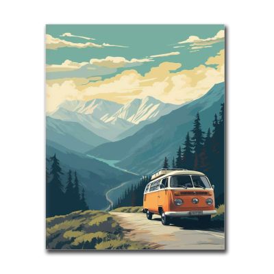 Printed Canvas Painting Wall Art Retro Van Landscape Wall Art Poster Print Vintage Artwork Living Room and Bedroom Office Decoration 8x12inch Wood Frame