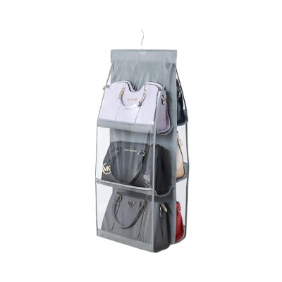 HAN SHENG 6 Pockets Clear Handbag & Purse Organizer Hanging Bag Storage - Space Saving Hanging Shelf for Closet, Wardrobe, Over Door (1 Pack, Grey)