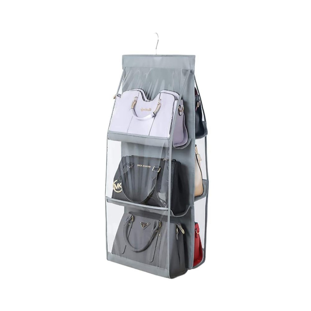 HAN SHENG 6 Pockets Clear Handbag & Purse Organizer Hanging Bag Storage - Space Saving Hanging Shelf for Closet, Wardrobe, Over Door (1 Pack, Grey)