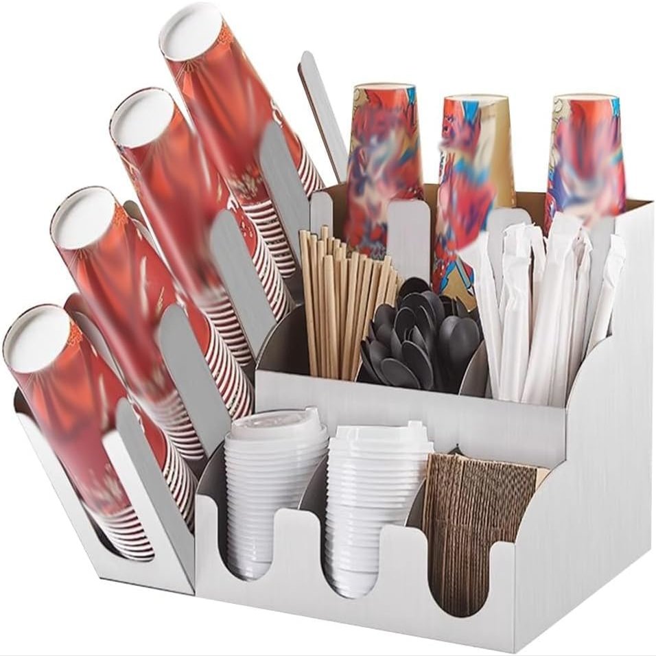 JDXQBLD Coffee Station Organizer Set Stainless Steel Coffee Bar Organizer Set Disposable Coffee Cup Holder, Coffee Cup Organizer Condiment Caddy (Stainless Steel A Set)