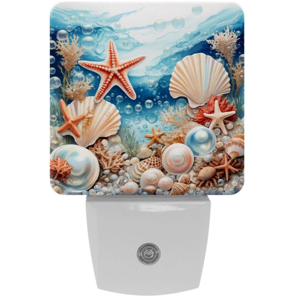 KikandKo Night Lights Plug Into Wall 2 Pack, Ocean Seashell Starfish Night Light for Kids, LED Nightlight with Dusk to Dawn Sensor for Bathroom, Children Room, Nursery, Gift, 7.6x7.6cm/3inx3in