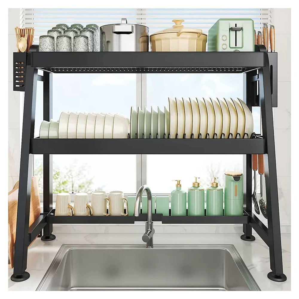 Cup Hanging Set,Over Sink Dish Drying Rack,dustproof,Adjustable Length,Over The Sink,Expandable Shelf Rack,for Kitchen Counter (Color : Black, Size : 66cm) (Black 86cm)
