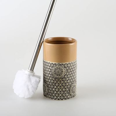 DUJEFF Retro Coffee Round Toilet Bowl Brush and Holder, Toilet Cleaner Brush Set with Stainless Steel Handle, Ceramic Toilet Brush and Holder for Bathroom