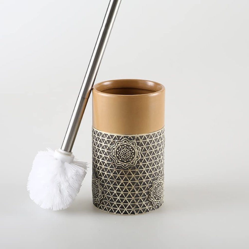 DUJEFF Retro Coffee Round Toilet Bowl Brush and Holder, Toilet Cleaner Brush Set with Stainless Steel Handle, Ceramic Toilet Brush and Holder for Bathroom