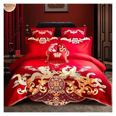 ADovz Red Dragon Phoenix Embroidery Bedding Sets Luxury Chinese Wedding 100% Cotton Tassels Duvet Cover Bed Sheet Pillowcases,Bed Sheets, Queen, FH-762