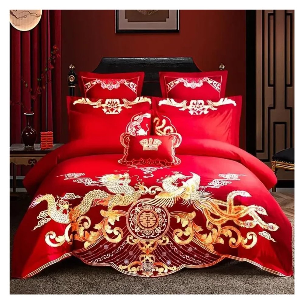 ADovz Red Dragon Phoenix Embroidery Bedding Sets Luxury Chinese Wedding 100% Cotton Tassels Duvet Cover Bed Sheet Pillowcases,Bed Sheets, Queen, FH-762