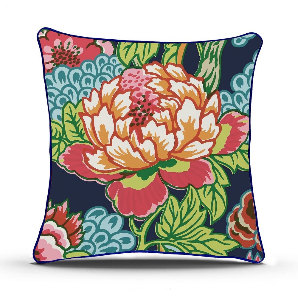 ArogGeld Honshu Pillow in Navy Blue and Red Chinoiserie Floral Pillow Lumbar Flower Throw Pillow Cover Cushion Cover Linen Case Rustic Decor Pillowcase with Zipper Home Decor 20x20 Inch