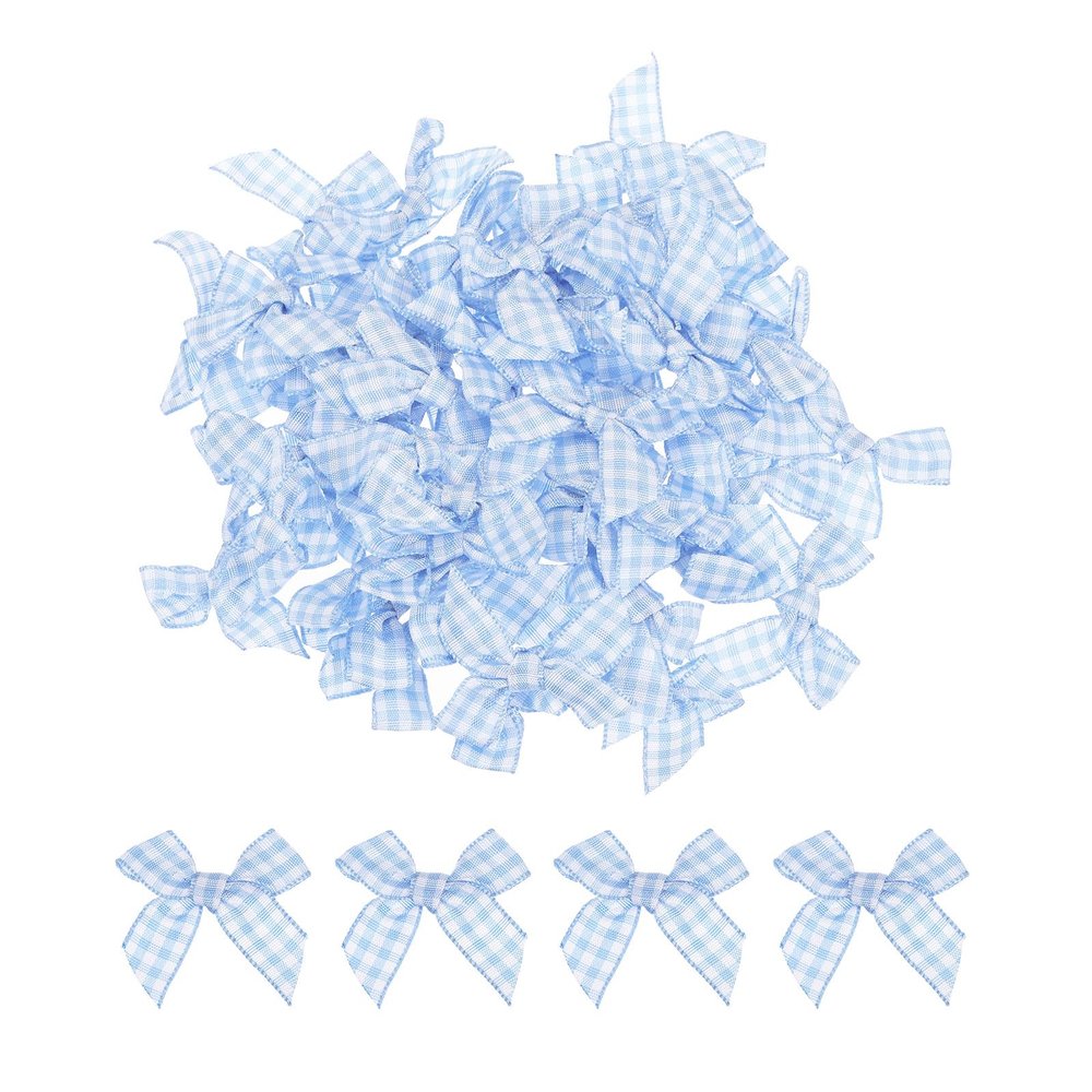 MECCANIXITY 100Pcs Mini Gingham Ribbon Bow 1.5" Checkered Fabric Satin Ribbon Bows for Craft DIY Hair Bow Sewing Wedding Birthday Party Light Blue and White