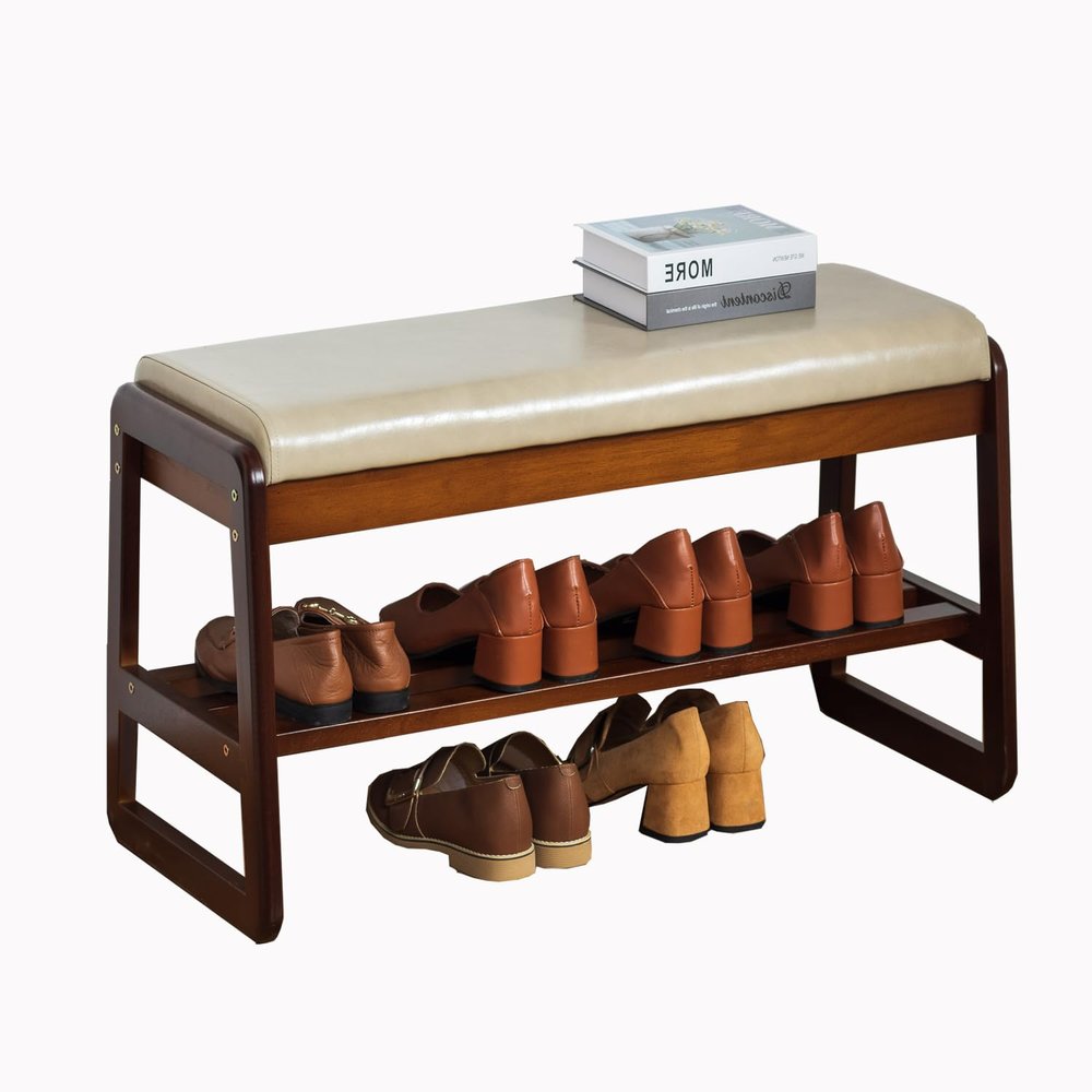 latifolia Solid Wood Bench, Entryway Shoe Bench with Cushion, 2 Tier Shoe Storage Organizer for Hallway, Living Room(Grey,31.50''L)