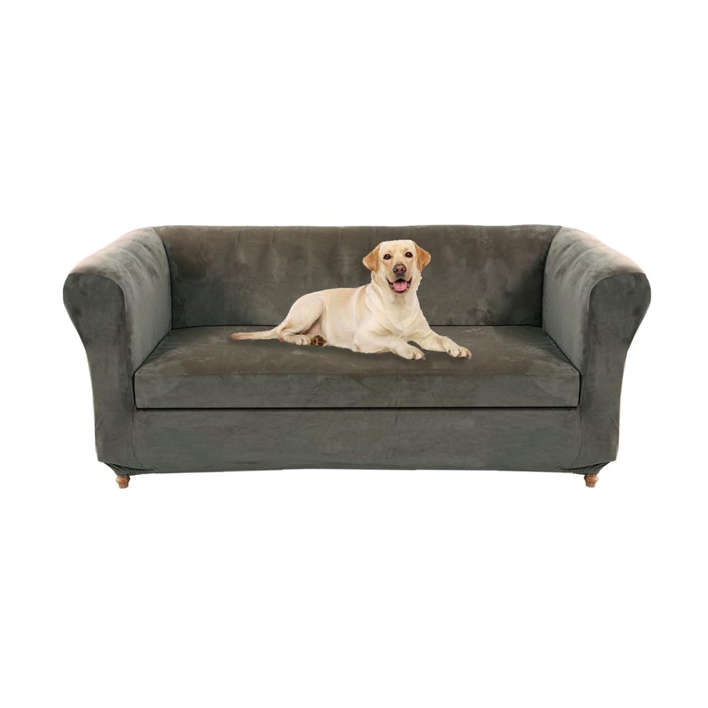 UNBBRRL 1 2 3 Seater Chesterfield Sofa Cover Set Velvet Sofa Seat Cushion Covers Washable Stretch Couch Cover Pet Friendly Separate Sofas Slipcover (Mid Gray,Love+1 Pc Large 2 Seat)