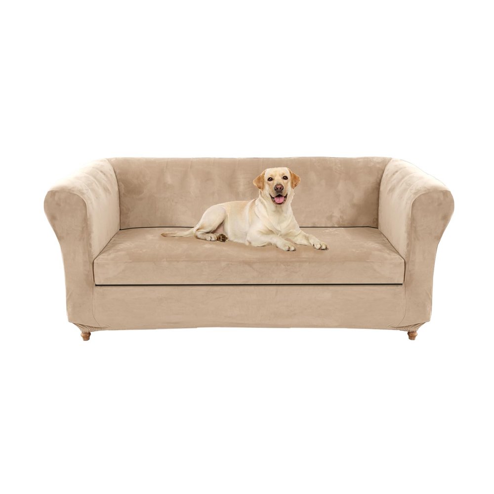 UNBBRRL 1 2 3 Seater Chesterfield Sofa Cover Set Velvet Sofa Seat Cushion Covers Washable Stretch Couch Cover Pet Friendly Separate Sofas Slipcover (Khaki,Love+1 Pc Large 2 Seat)