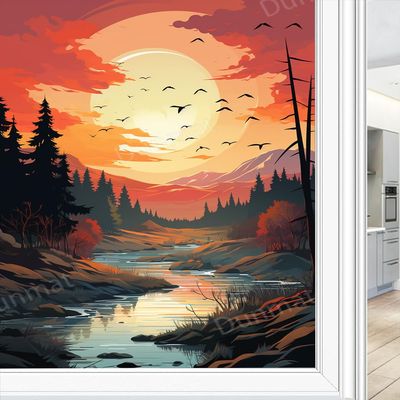 Dunmat Dreamy Sunrise Stained Glass Window Film Beautiful Sky Birds Woods Rivers Privacy Window Film Self-Adhesive Glass Film Decorative Glass Sticker Frosted Film for Home Office 35.4Wx55.1L inch