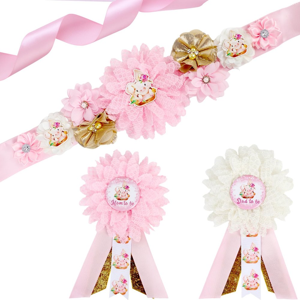 Cheerupp Pig Baby Shower Maternity Sash Kit - Pink Pig Baby Shower Belly Belt and Mom to Be & Dad to Be Corsage Pins, New Parents Pregnancy Photo Props Party Supplies
