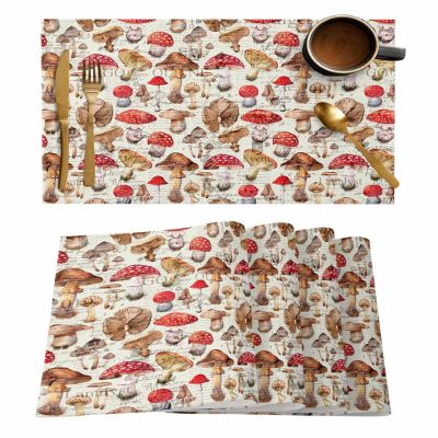 Vintage Mushroom Placemats for Dinning Table Set of 4, Burlap Kitchen Place Mats Waterproof Cloth Table Mats, Indoor Outdoor Placemats Easy Clean Dinner Decor Forest Botanical Wild Vegetable
