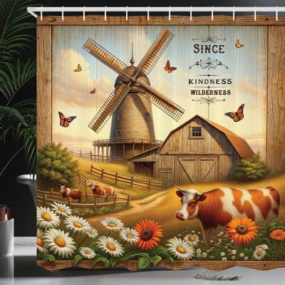 Ambesonne Farmhouse Shower Curtain, Vintage Countryside Barn Windmill Cows and Butterflies Magic Landscape, Cloth Fabric Bathroom Decor Set with Hooks, 69" W x 70" L, Amber Off White Green