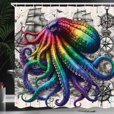 Ambesonne Colorful Shower Curtain, Oceanic Horror Vibe Kraken Monster with Compass and Sailing Ship Sketchy, Cloth Fabric Bathroom Decor Set with Hooks, 69" W x 70" L, Pale Grey Multicolor