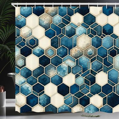 Ambesonne Blue Shower Curtain, Contemporary Art Abstract Hexagon Pattern with Futurist Lines Aquarelle Details, Cloth Fabric Bathroom Decor Set with Hooks, 69" W x 70" L, Petrol Blue Cream