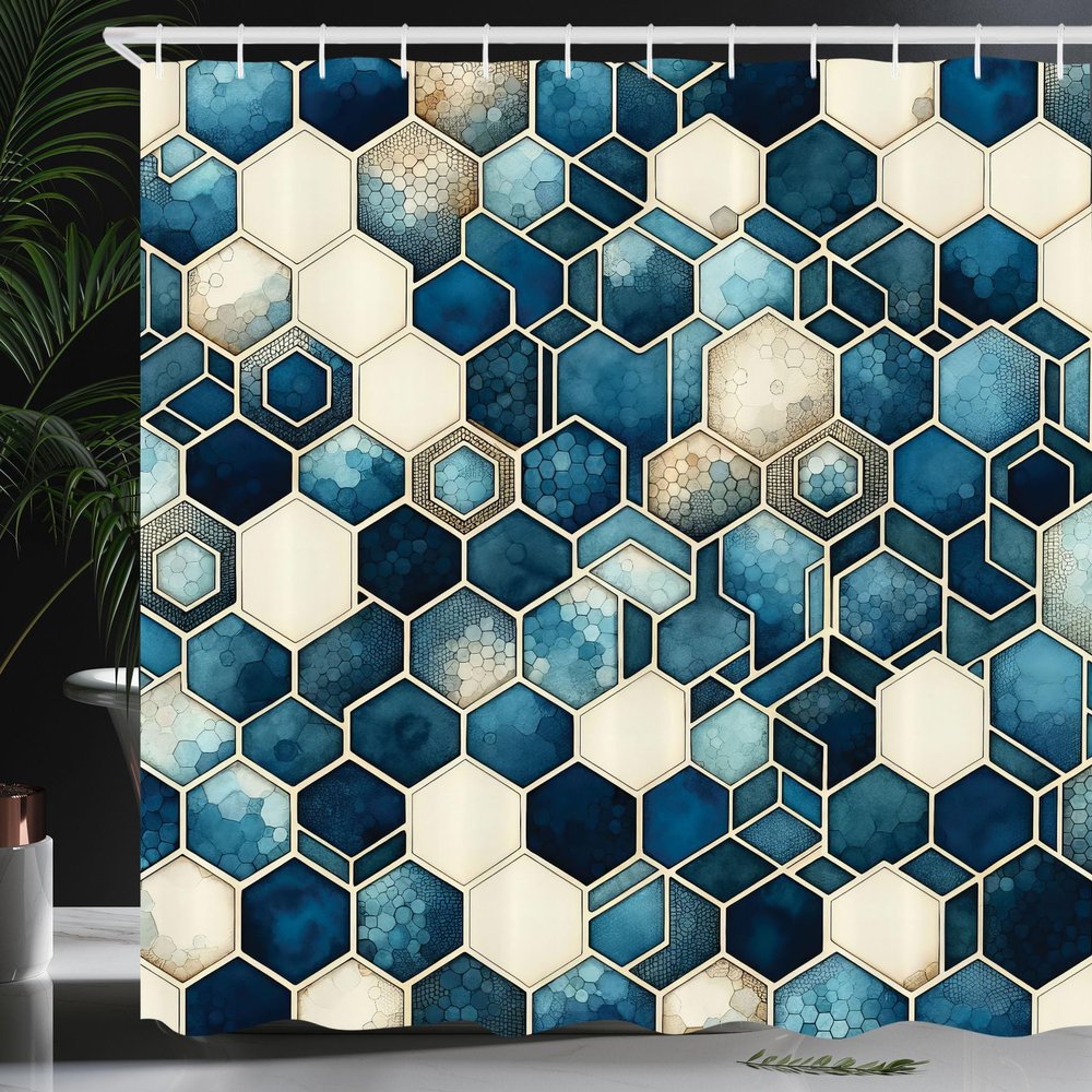 Ambesonne Blue Shower Curtain, Contemporary Art Abstract Hexagon Pattern with Futurist Lines Aquarelle Details, Cloth Fabric Bathroom Decor Set with Hooks, 69" W x 70" L, Petrol Blue Cream