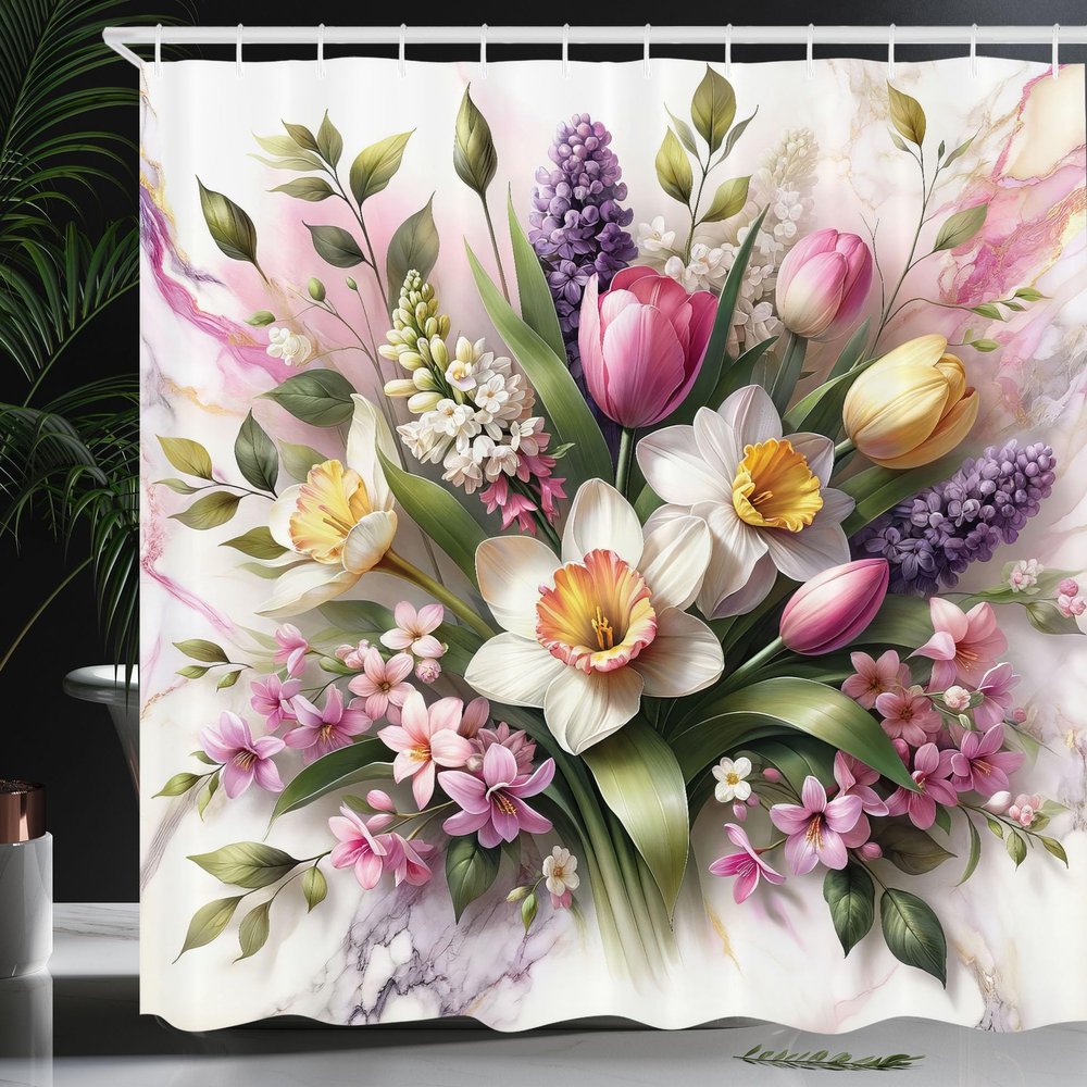 Ambesonne Spring Shower Curtain, Delicate Tulip Pansies and Bluebell Flowers Arrange on Marble Print Back, Cloth Fabric Bathroom Decor Set with Hooks, 69" W x 70" L, Lavender Green Pink