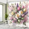Ambesonne Spring Shower Curtain, Delicate Tulip Pansies and Bluebell Flowers Arrange on Marble Print Back, Cloth Fabric Bathroom Decor Set with Hooks, 69" W x 70" L, Lavender Green Pink view 2