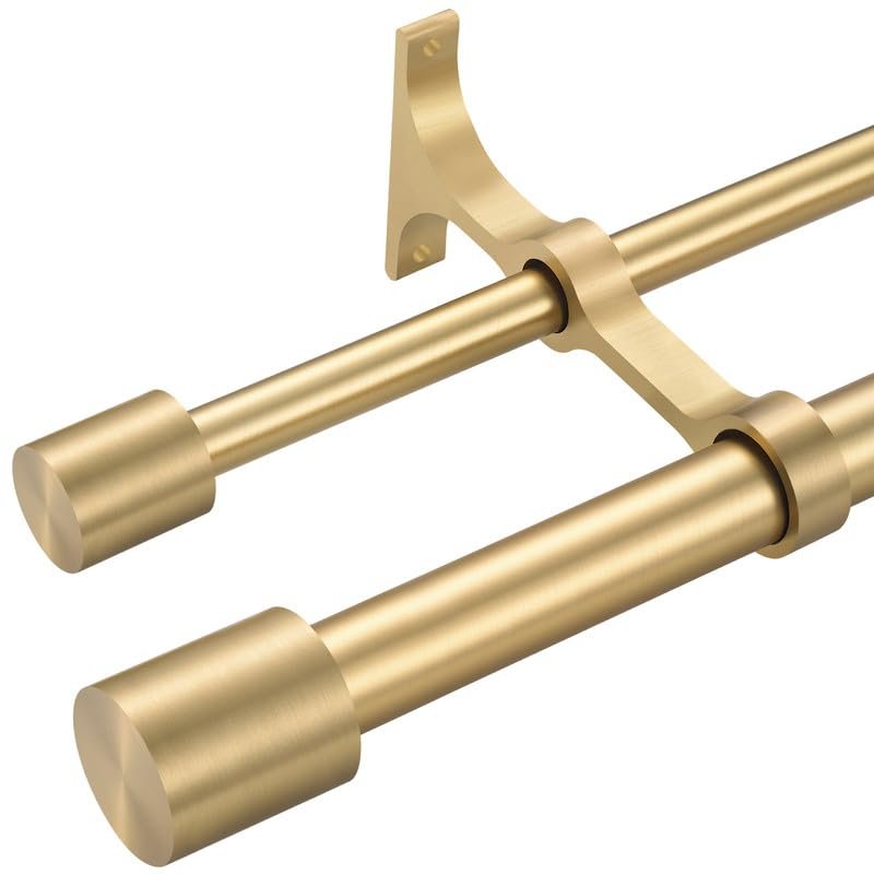 Warm Gold Double Rod Curtain Rods 72-144" (6-12ft), Decorative Drapery Rod with Cap Finials, Heavy Duty Dual Window Rods